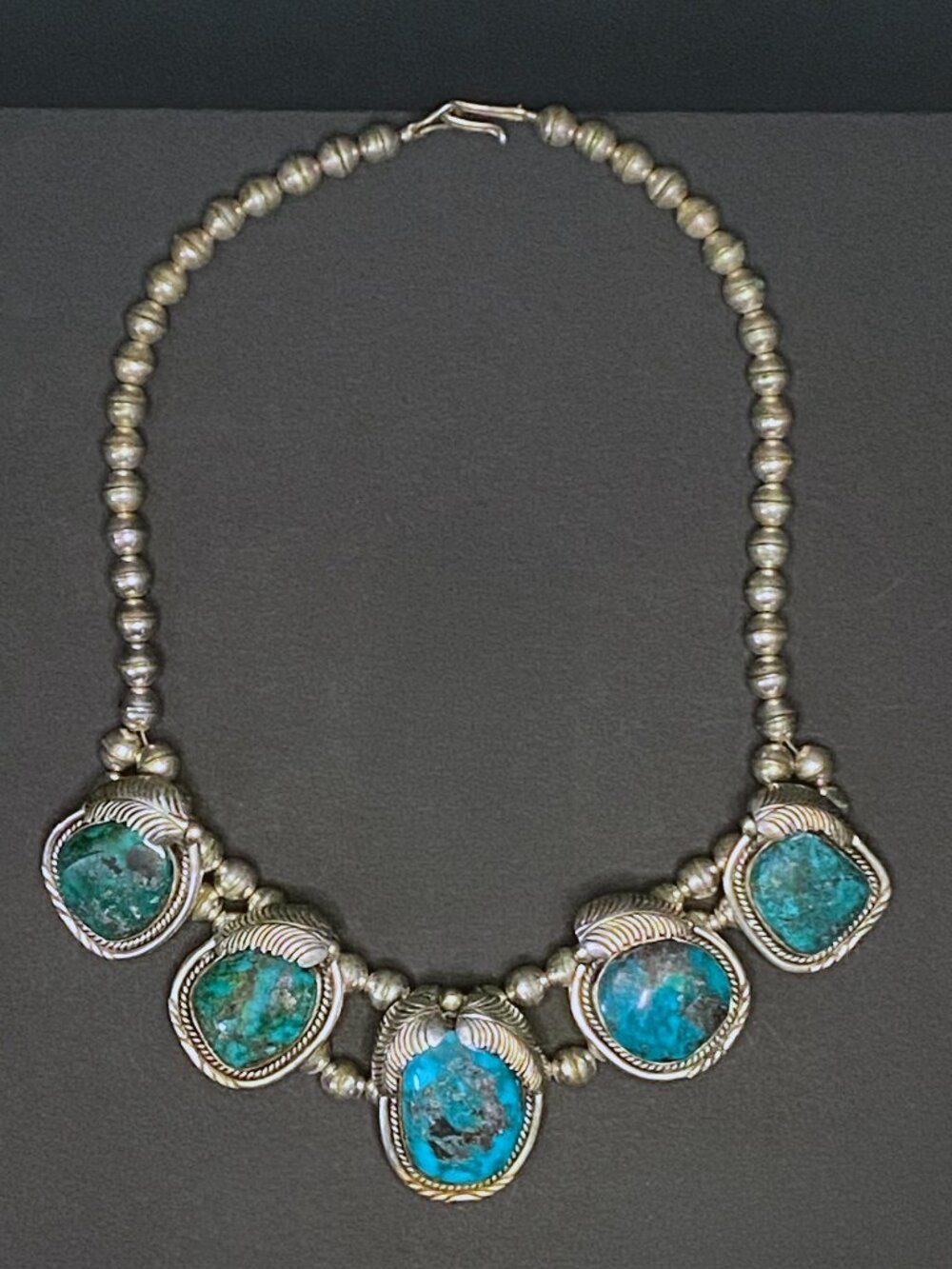 VINTAGE 1960'S NATIVE AMERICAN STERLING SILVER TURQUOISE SQUASHBLOSSOM NECKLACE